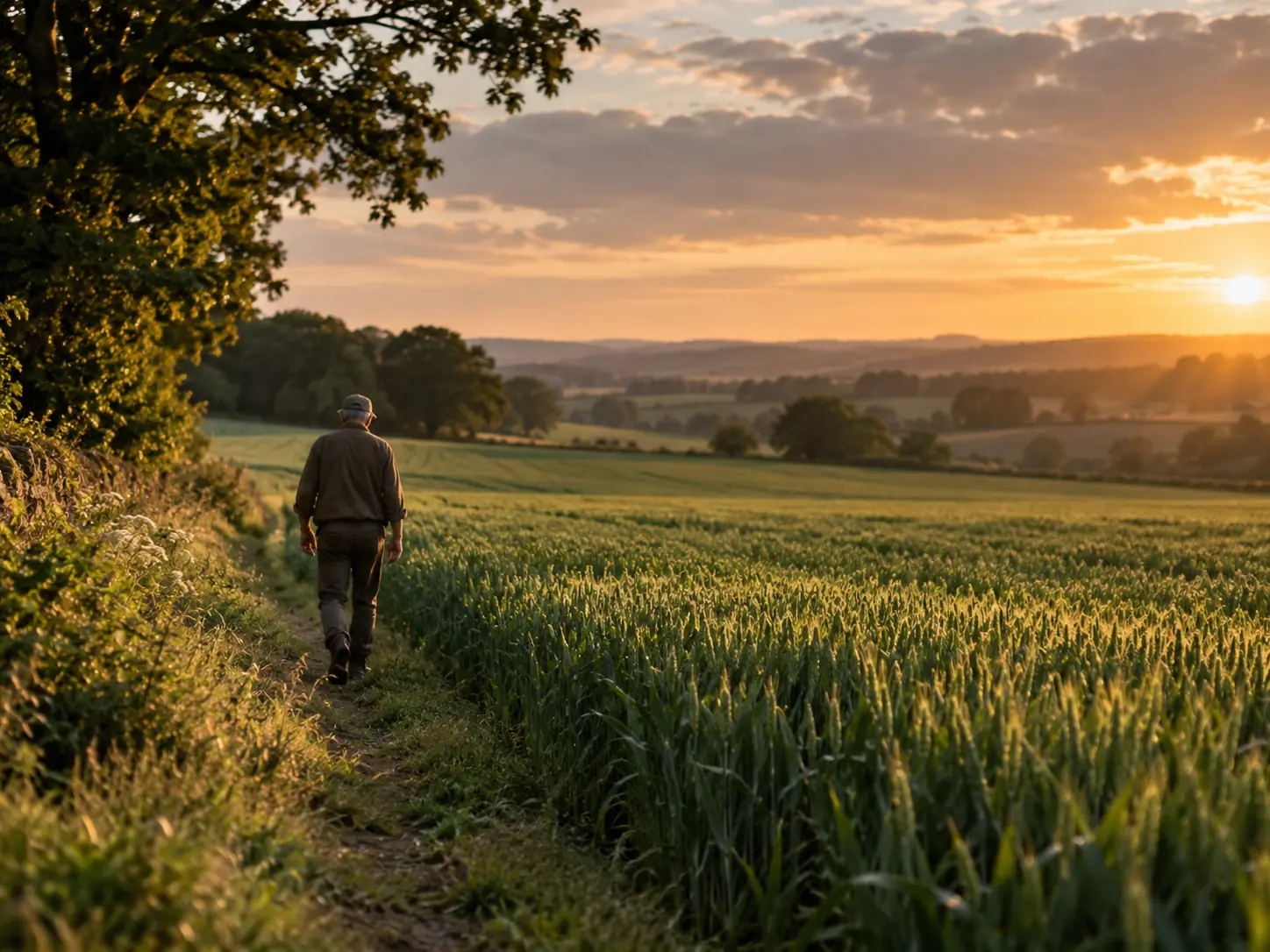 A farmer walking alongside a field